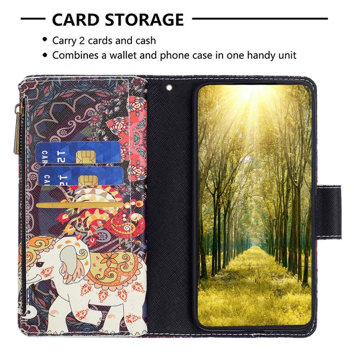 BF03 For iPhone 16 Pro Case Pattern Print PU Leather Phone Cover with Zipper Wallet - Flowers and Elephant - 3