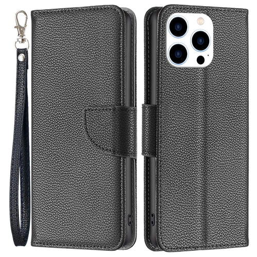 For iPhone 16 Pro Wallet Case with Wrist Strap Litchi Texture Leather Phone Stand Cover - Black - 1