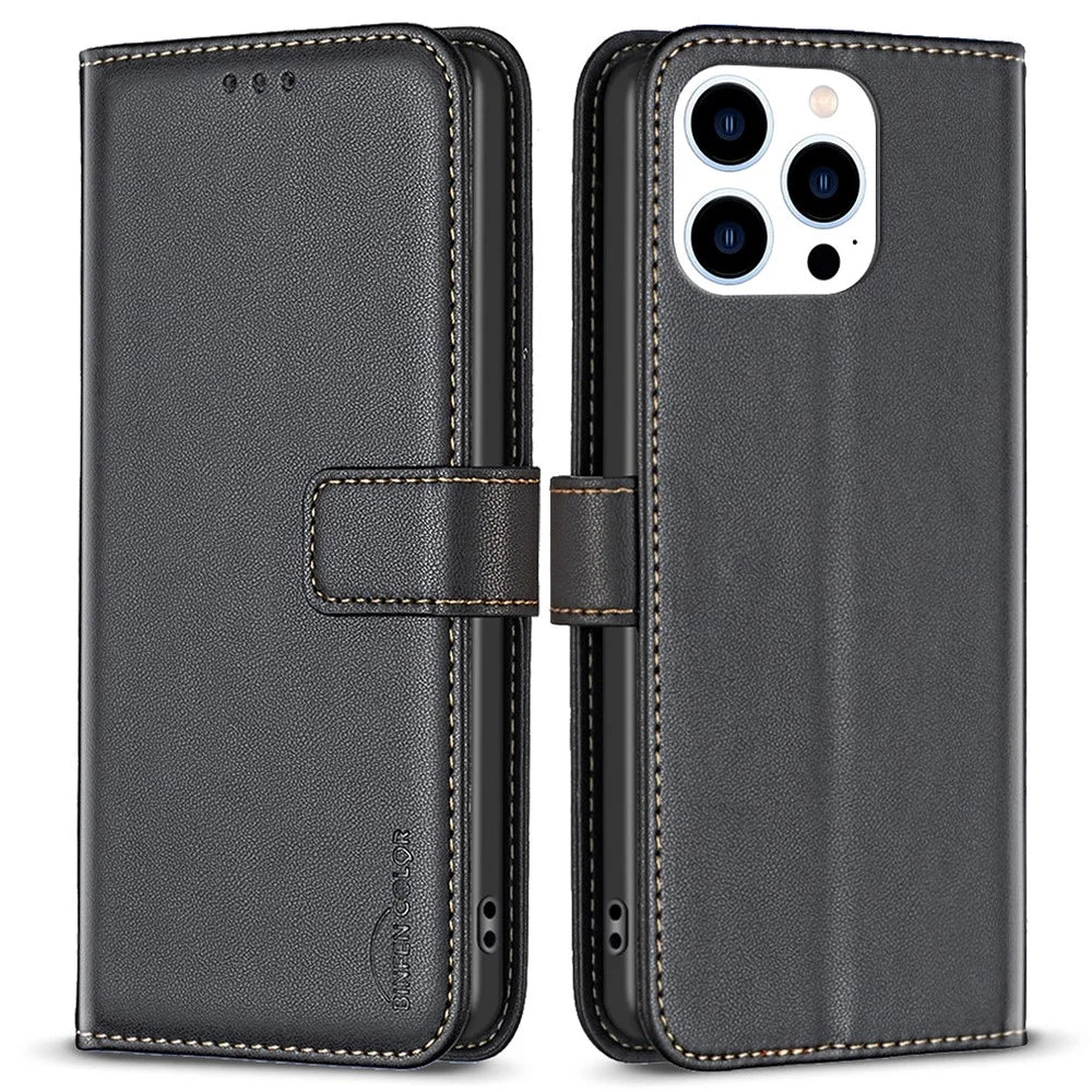 BINFEN COLOR BF17 For iPhone 16 Pro Max Case Flip Leather Wallet Phone Cover - Black - 1