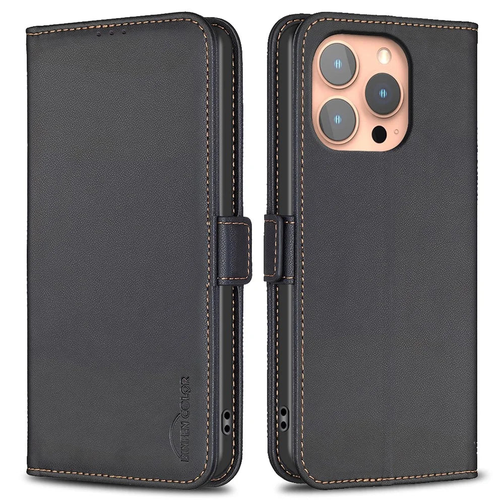 BINFEN COLOR BF31 For iPhone 16 Pro Max Case with Wallet Stand PU Leather Flip Phone Cover - Black - 1