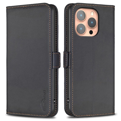 BINFEN COLOR BF31 For iPhone 16 Pro Max Case with Wallet Stand PU Leather Flip Phone Cover - Black - 1