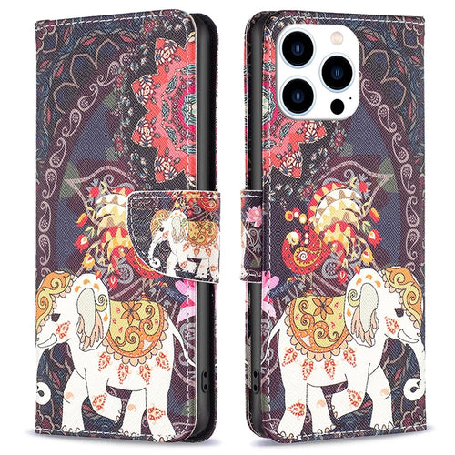 For iPhone 16 Pro Max Case Pattern Printing Leather Wallet Stand Phone Cover -  Flower and Elephant - 1