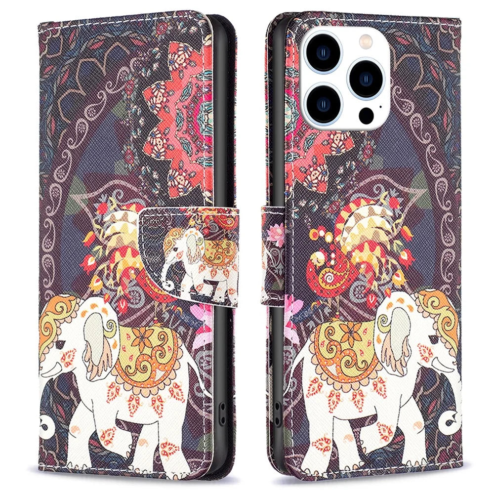 For iPhone 16 Pro Max Case Pattern Printing Leather Wallet Stand Phone Cover -  Flower and Elephant - 1