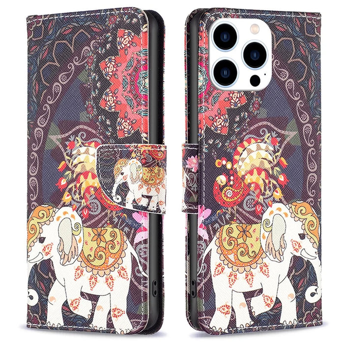 For iPhone 16 Pro Max Case Pattern Printing Leather Wallet Stand Phone Cover -  Flower and Elephant - 1