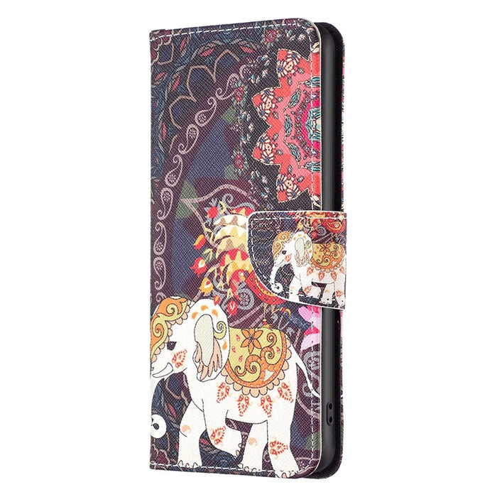 For iPhone 16 Pro Max Case Pattern Printing Leather Wallet Stand Phone Cover -  Flower and Elephant - 4