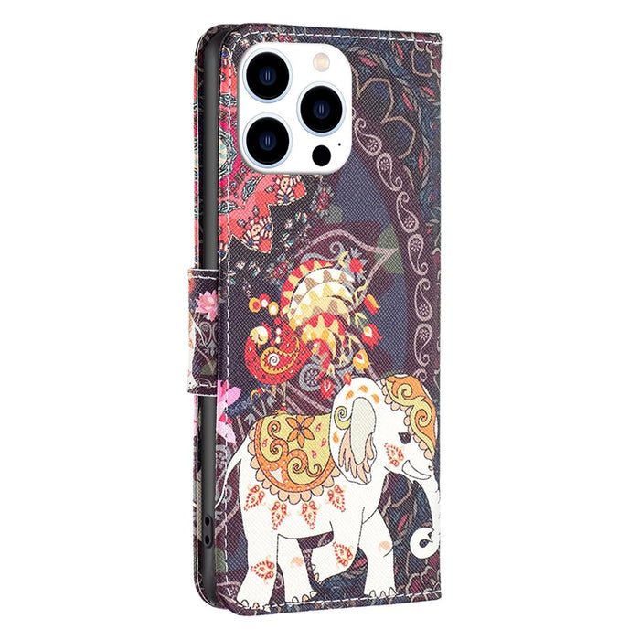 For iPhone 16 Pro Max Case Pattern Printing Leather Wallet Stand Phone Cover -  Flower and Elephant - 5