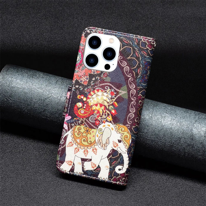For iPhone 16 Pro Max Case Pattern Printing Leather Wallet Stand Phone Cover -  Flower and Elephant - 6