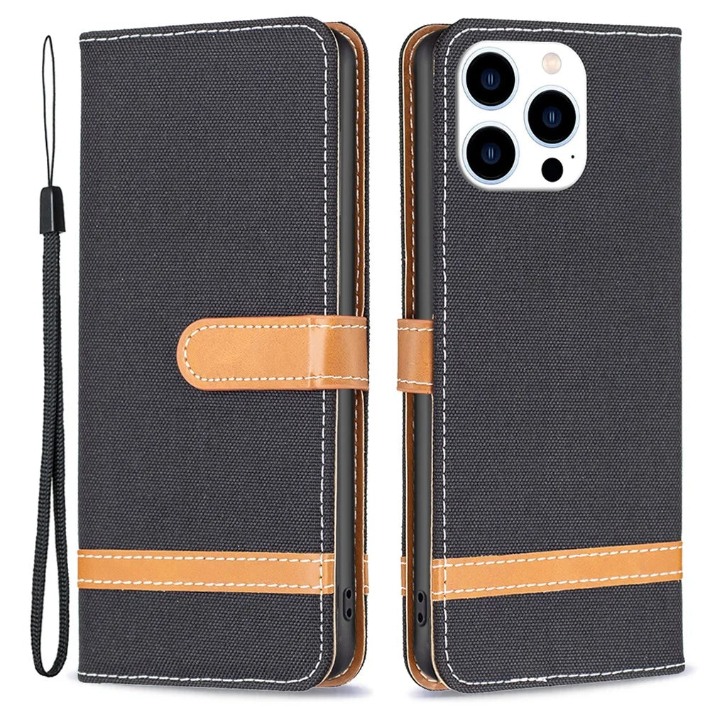 For iPhone 16 Pro Max Case Jeans Cloth Texture Leather Wallet Cover - Black - 1
