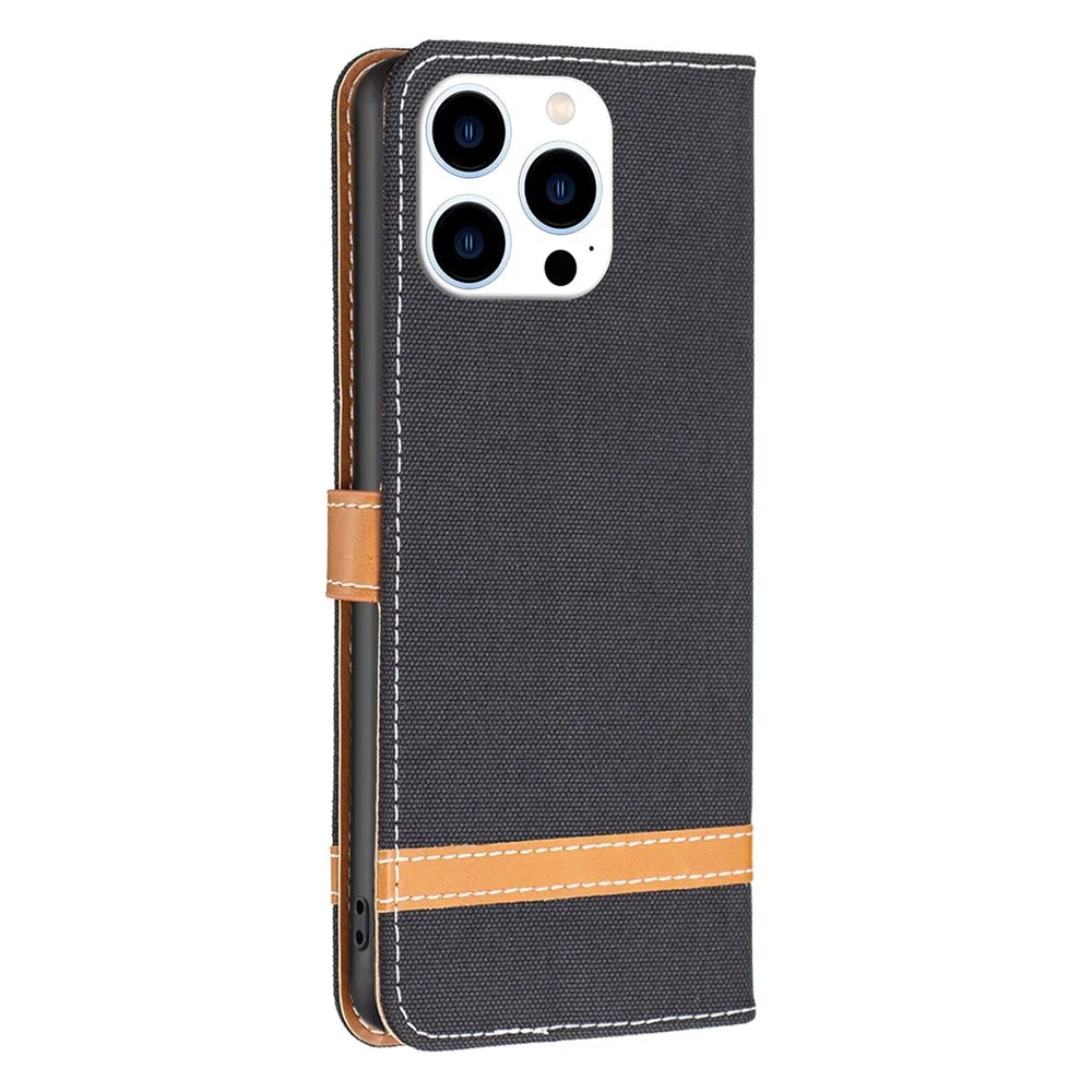 For iPhone 16 Pro Max Case Jeans Cloth Texture Leather Wallet Cover - Black - 5