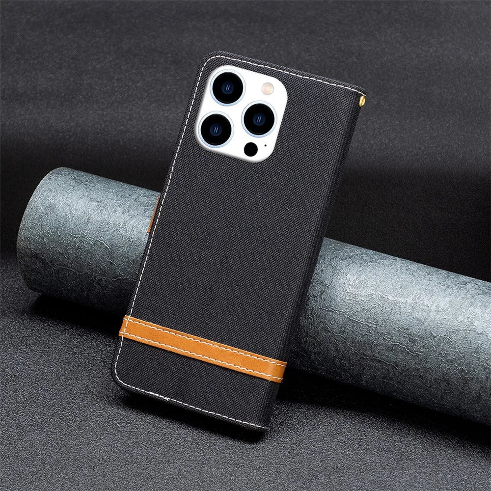 For iPhone 16 Pro Max Case Jeans Cloth Texture Leather Wallet Cover - Black - 6