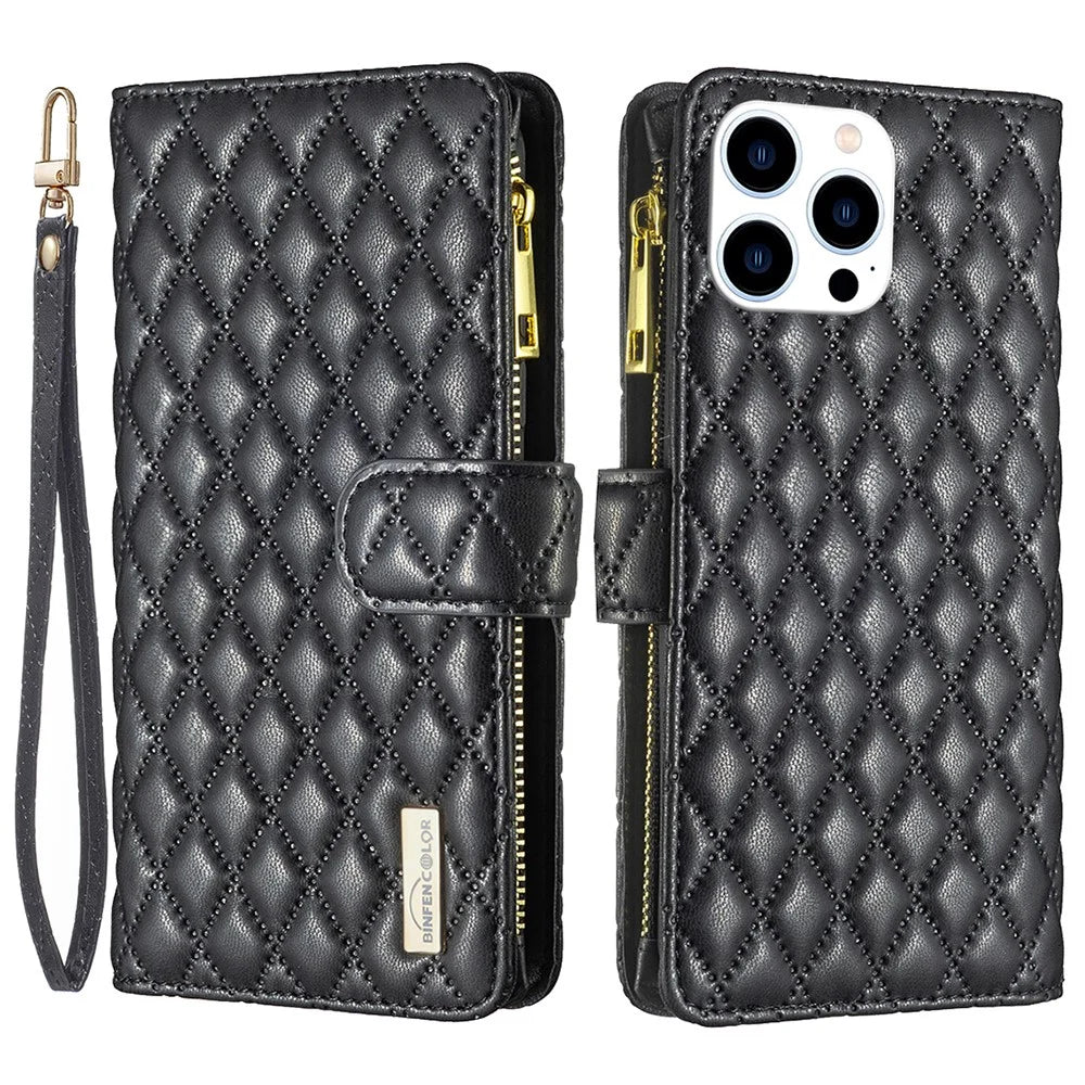 BINFEN COLOR BF Style-15 For iPhone 16 Pro Max Case Rhombus Imprint Leather Phone Cover - Black - 1
