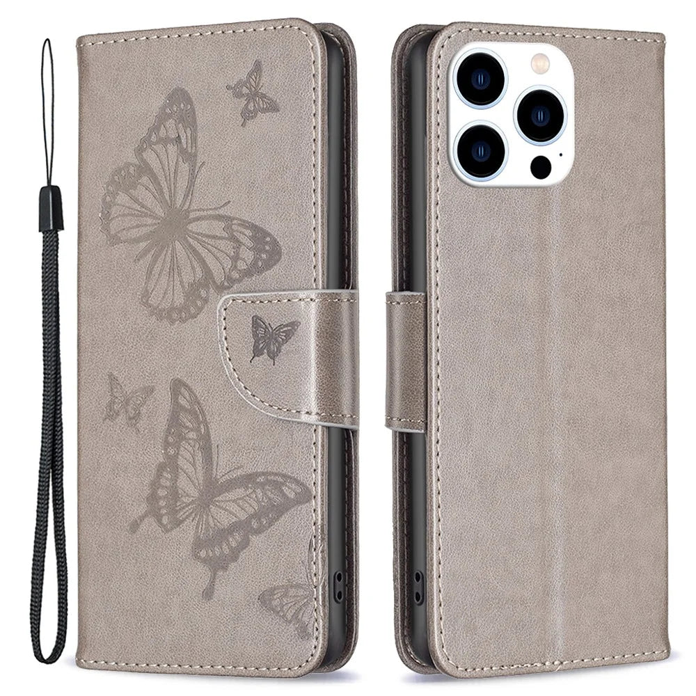 For iPhone 16 Pro Max Case Wallet Leather Phone Cover Butterflyimprinted -  Grey - 1