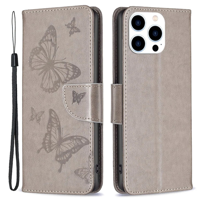 For iPhone 16 Pro Max Case Wallet Leather Phone Cover Butterflyimprinted -  Grey - 1