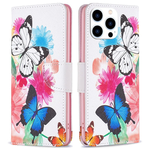 For iPhone 16 Pro Max Case Pattern Print PU Leather Phone Cover with Wallet - Two Butterflies - 1