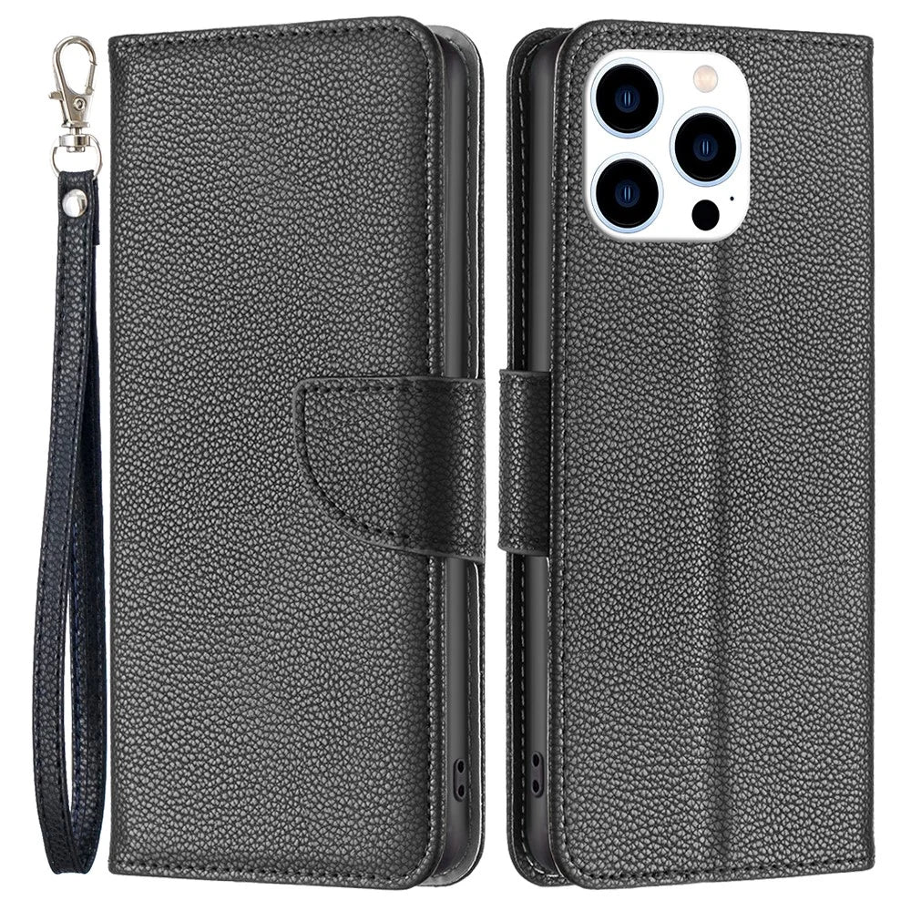 For iPhone 16 Pro Max Wallet Case with Wrist Strap Litchi Texture Leather Phone Stand Cover - Black - 1