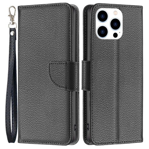 For iPhone 16 Pro Max Wallet Case with Wrist Strap Litchi Texture Leather Phone Stand Cover - Black - 1