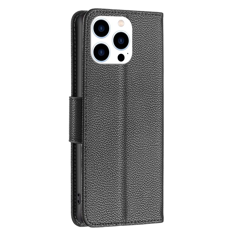 For iPhone 16 Pro Max Wallet Case with Wrist Strap Litchi Texture Leather Phone Stand Cover - Black - 5