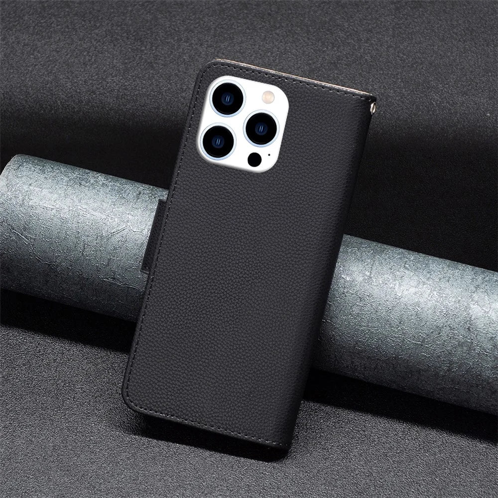 For iPhone 16 Pro Max Wallet Case with Wrist Strap Litchi Texture Leather Phone Stand Cover - Black - 6