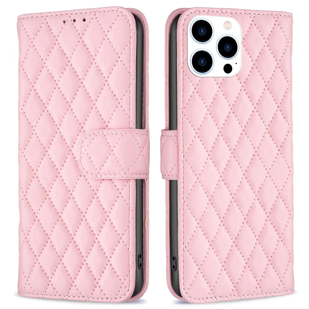 BINFEN COLOR BF Style-14 For iPhone 16 Pro Case Leather Rhombus Grid Phone Cover - Pink - 1
