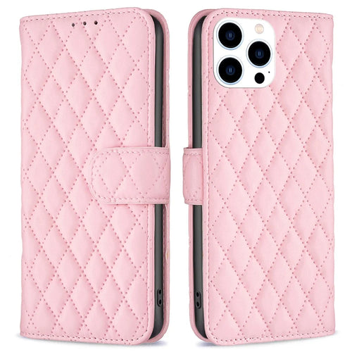 BINFEN COLOR BF Style-14 For iPhone 16 Pro Case Leather Rhombus Grid Phone Cover - Pink - 1