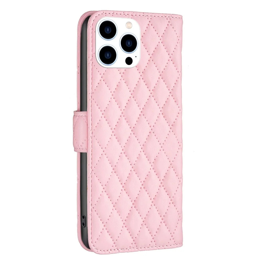 BINFEN COLOR BF Style-14 For iPhone 16 Pro Case Leather Rhombus Grid Phone Cover - Pink - 5