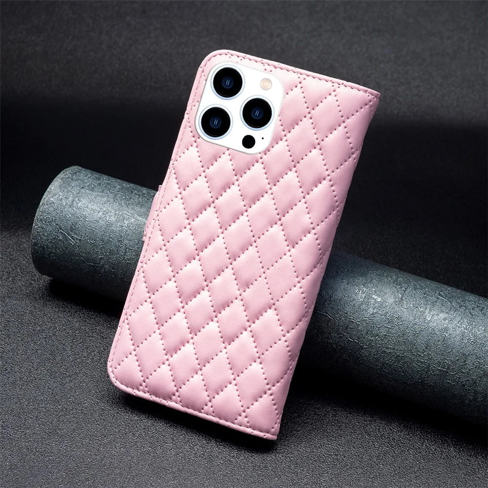 BINFEN COLOR BF Style-14 For iPhone 16 Pro Case Leather Rhombus Grid Phone Cover - Pink - 6