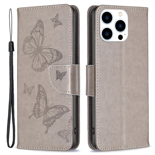 For iPhone 16 Pro Case Butterfly Pattern Leather Phone Cover with Wrist Strap -  Grey - 1