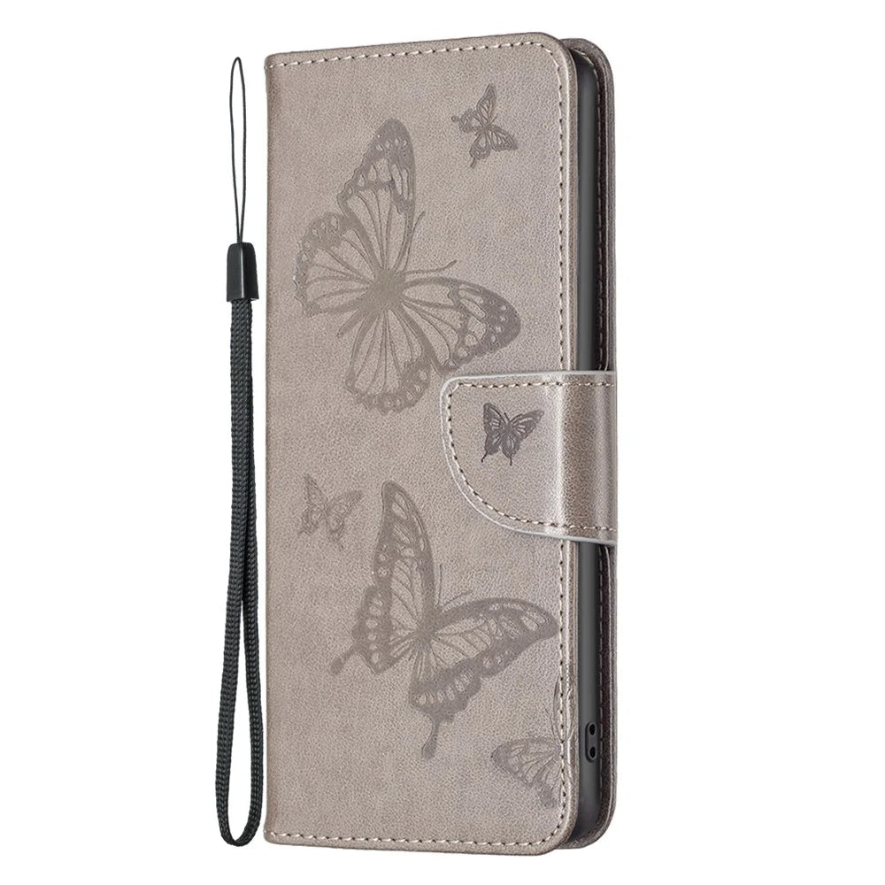For iPhone 16 Pro Case Butterfly Pattern Leather Phone Cover with Wrist Strap -  Grey - 4