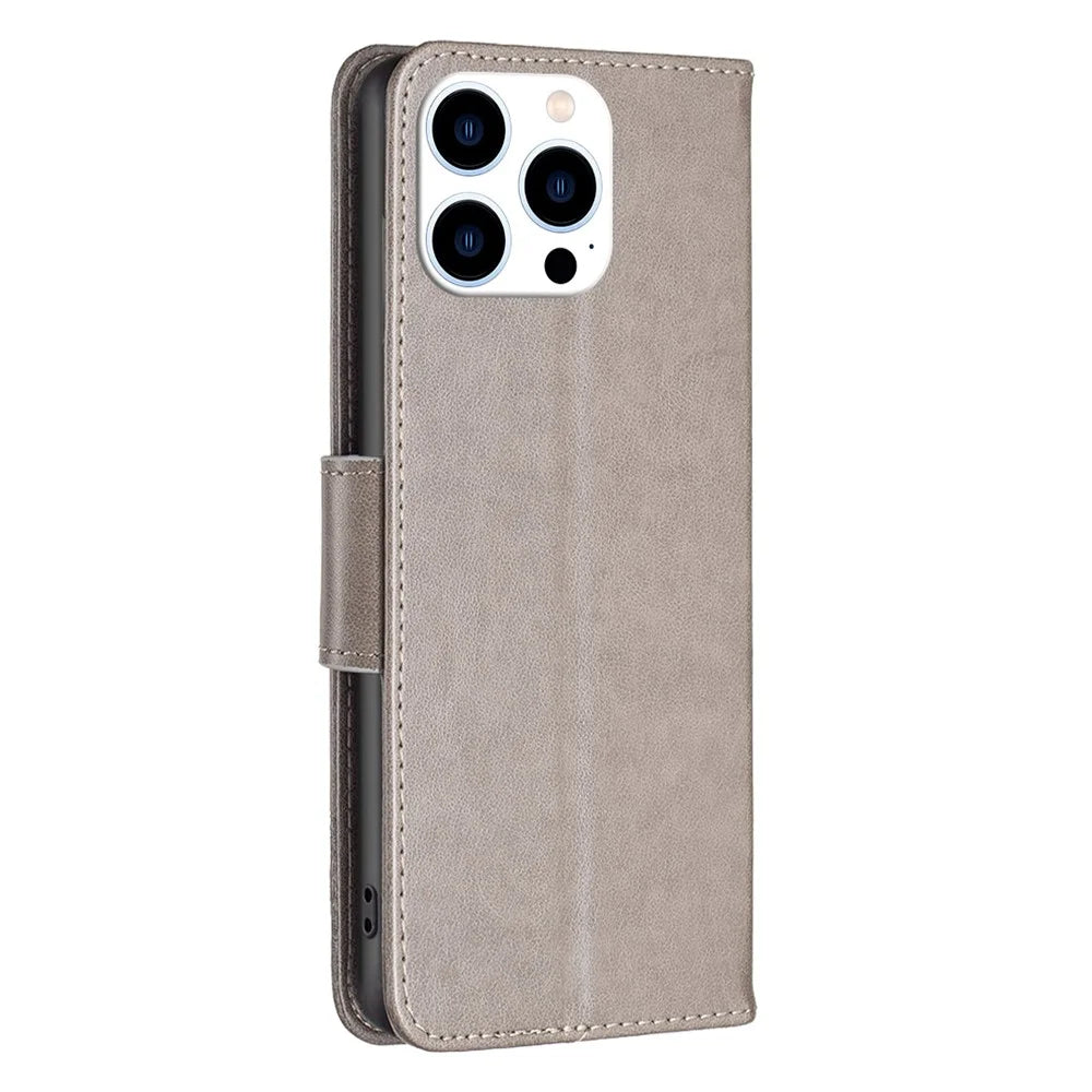 For iPhone 16 Pro Case Butterfly Pattern Leather Phone Cover with Wrist Strap -  Grey - 5