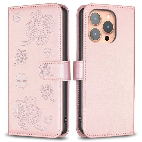 For iPhone 16 Pro Case Lucky Clover Pattern Leather Phone Cover - Pink - 1