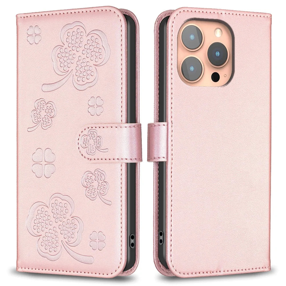 For iPhone 16 Pro Case Lucky Clover Pattern Leather Phone Cover - Pink - 1