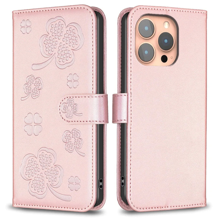For iPhone 16 Pro Case Lucky Clover Pattern Leather Phone Cover - Pink - 1