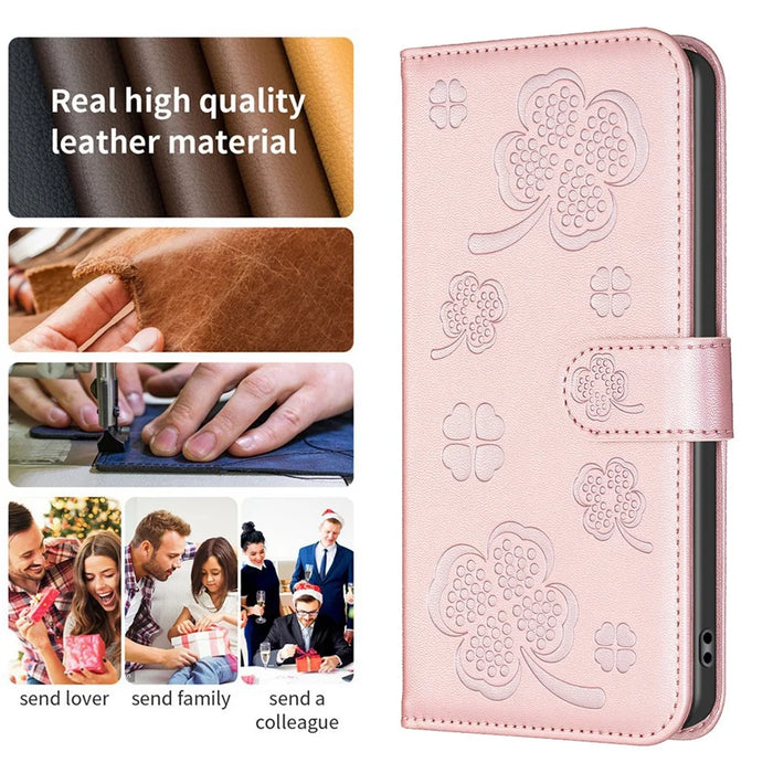 For iPhone 16 Pro Case Lucky Clover Pattern Leather Phone Cover - Pink - 4