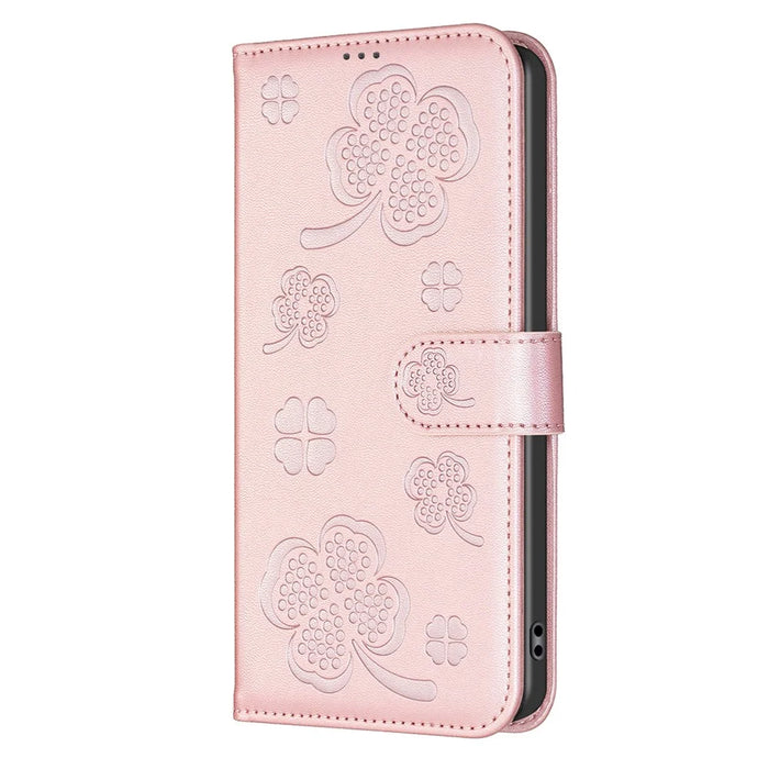 For iPhone 16 Pro Case Lucky Clover Pattern Leather Phone Cover - Pink - 6