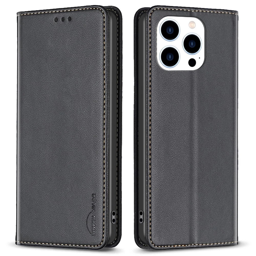BINFEN COLOR BF18 For iPhone 16 Pro Case Card Slots PU Leather Phone Cover - Black - 1
