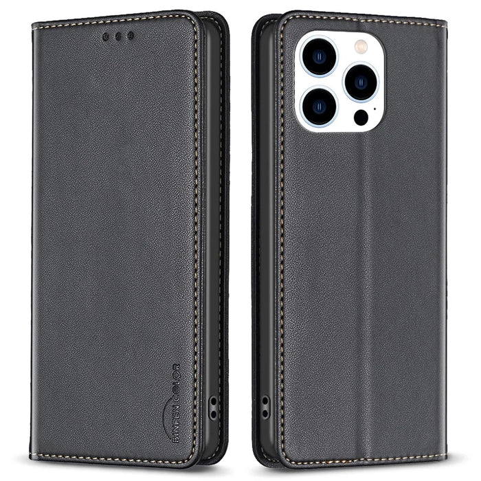 BINFEN COLOR BF18 For iPhone 16 Pro Case Card Slots PU Leather Phone Cover - Black - 1