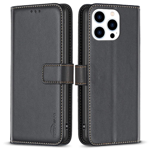 BINFEN COLOR BF17 For iPhone 16 Pro Case Flip Leather Wallet Phone Cover - Black - 1