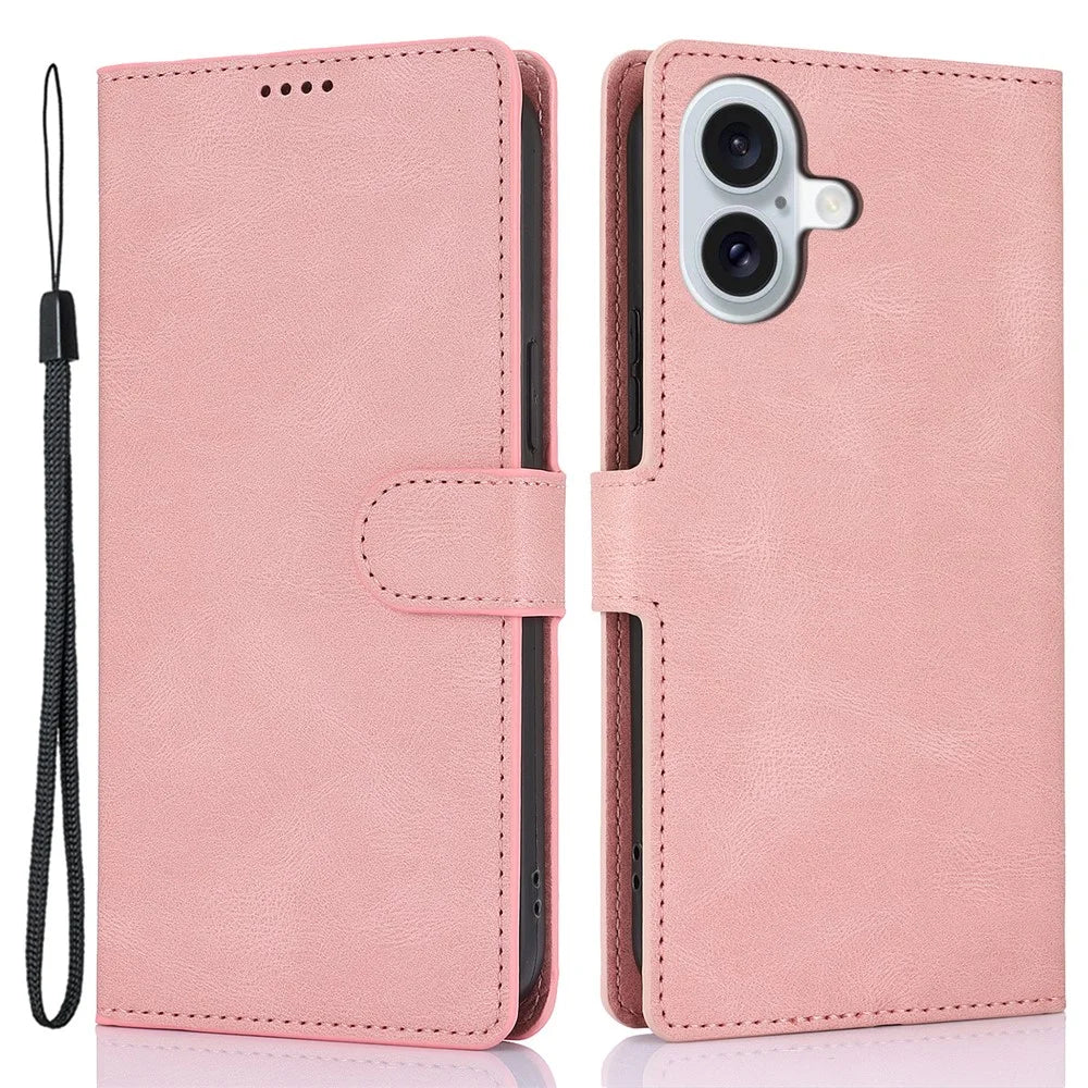 For iPhone 16 Case PU Leather Phone Cover Card Holder Magnetic Clasp Protective - Pink - 1