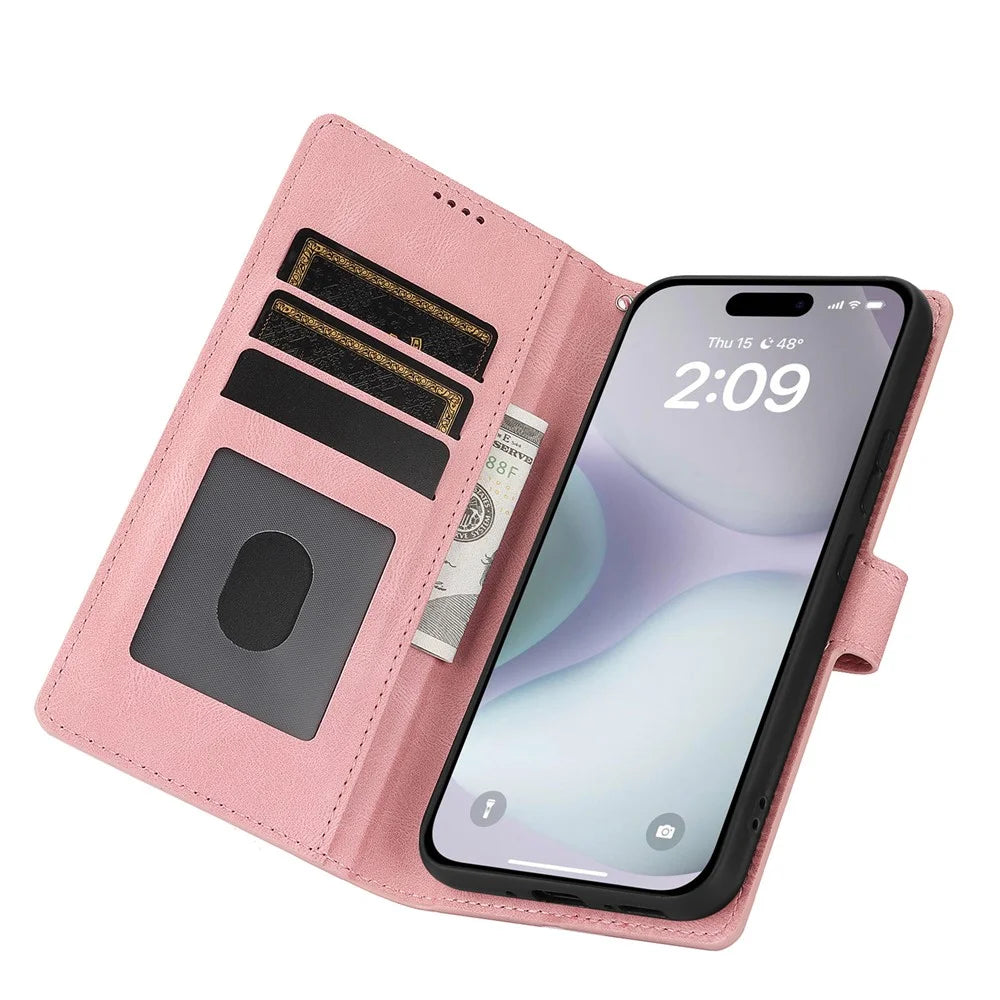 For iPhone 16 Case PU Leather Phone Cover Card Holder Magnetic Clasp Protective - Pink - 2