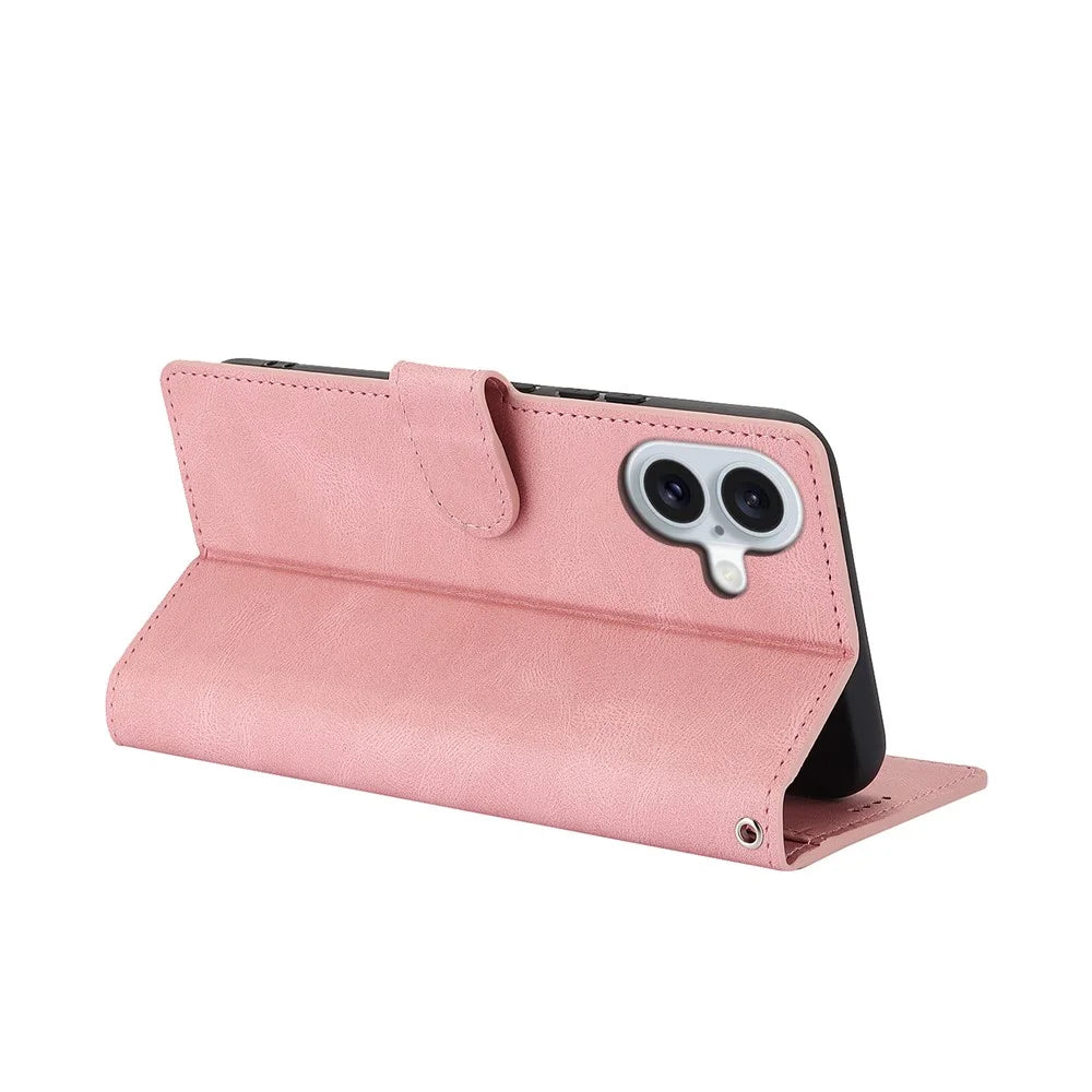 For iPhone 16 Case PU Leather Phone Cover Card Holder Magnetic Clasp Protective - Pink - 3