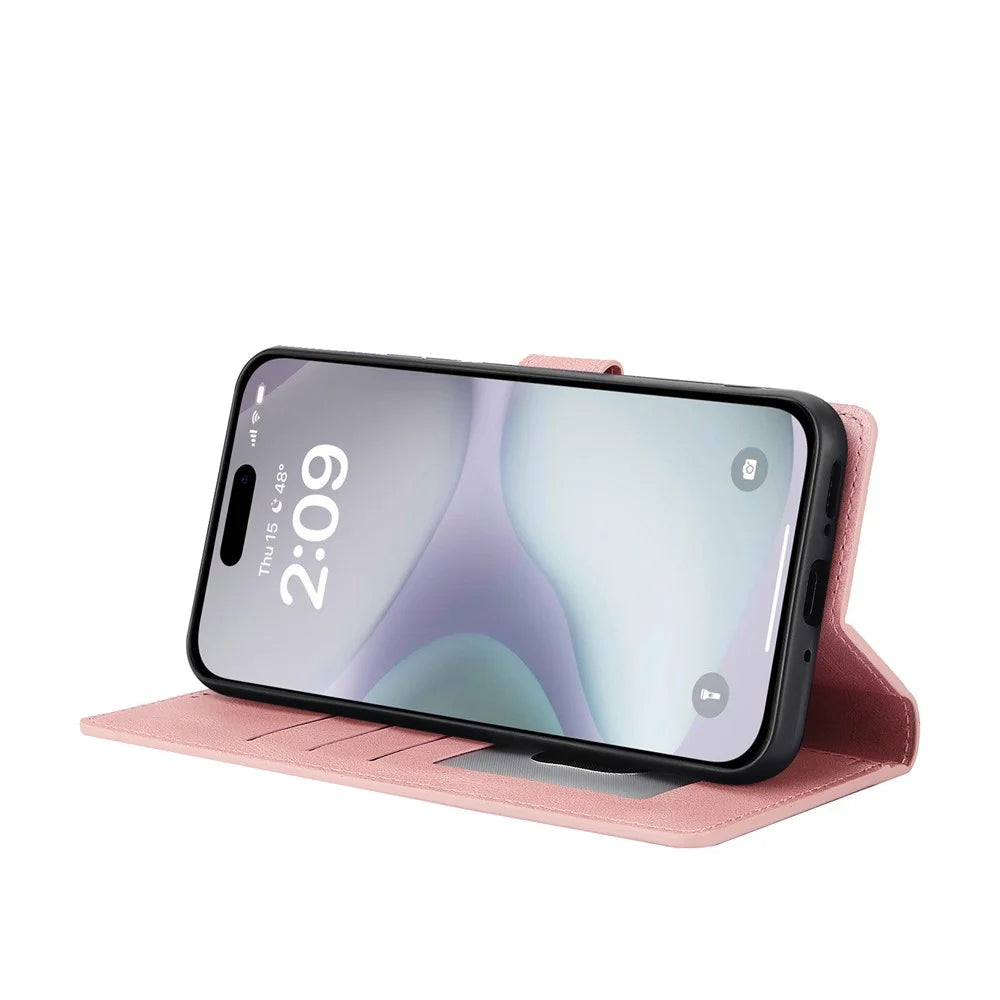 For iPhone 16 Case PU Leather Phone Cover Card Holder Magnetic Clasp Protective - Pink - 4
