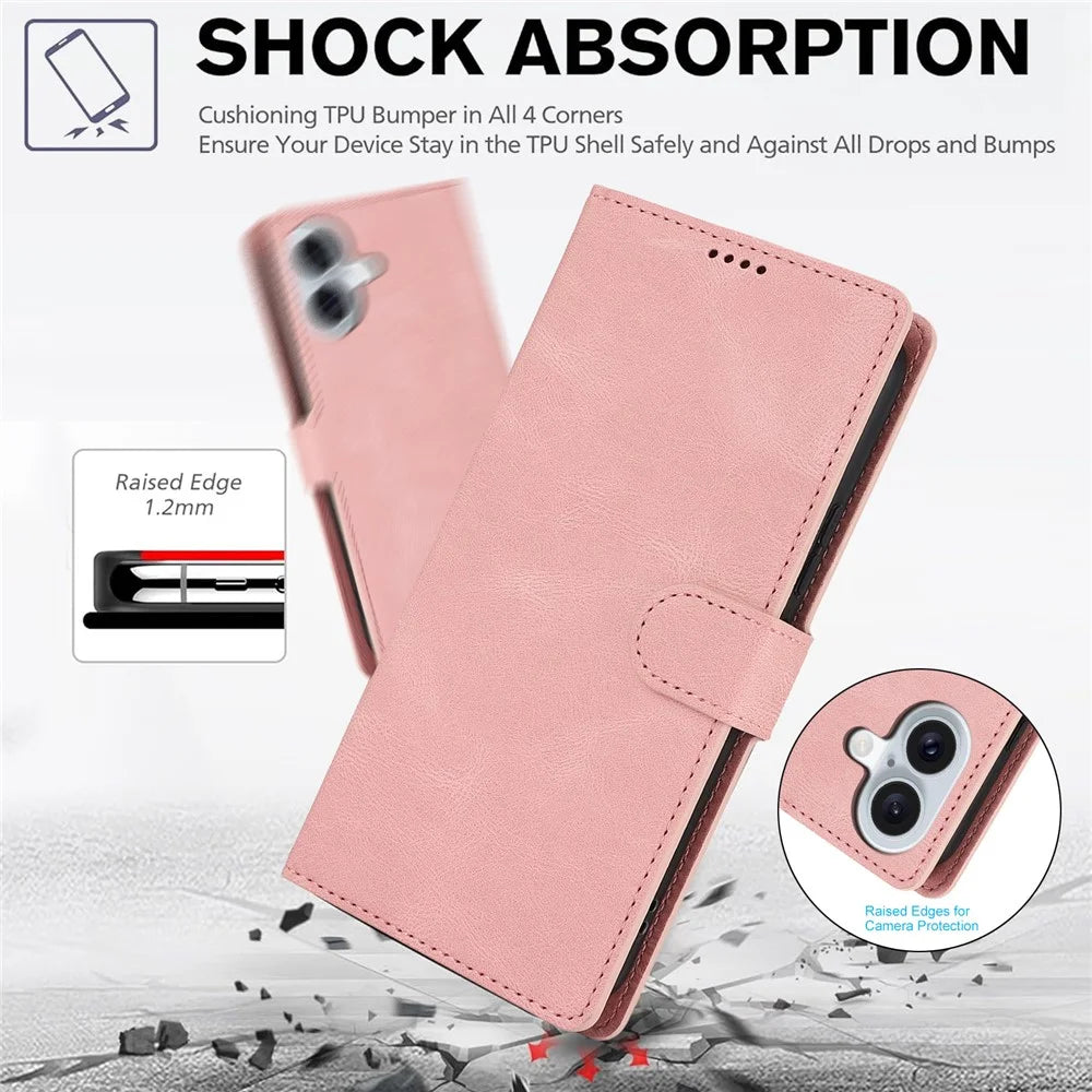 For iPhone 16 Case PU Leather Phone Cover Card Holder Magnetic Clasp Protective - Pink - 6