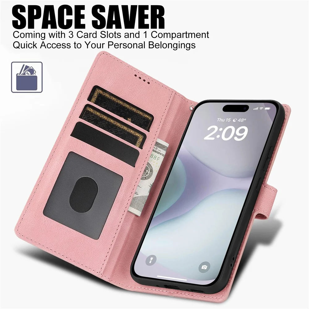 For iPhone 16 Case PU Leather Phone Cover Card Holder Magnetic Clasp Protective - Pink - 7