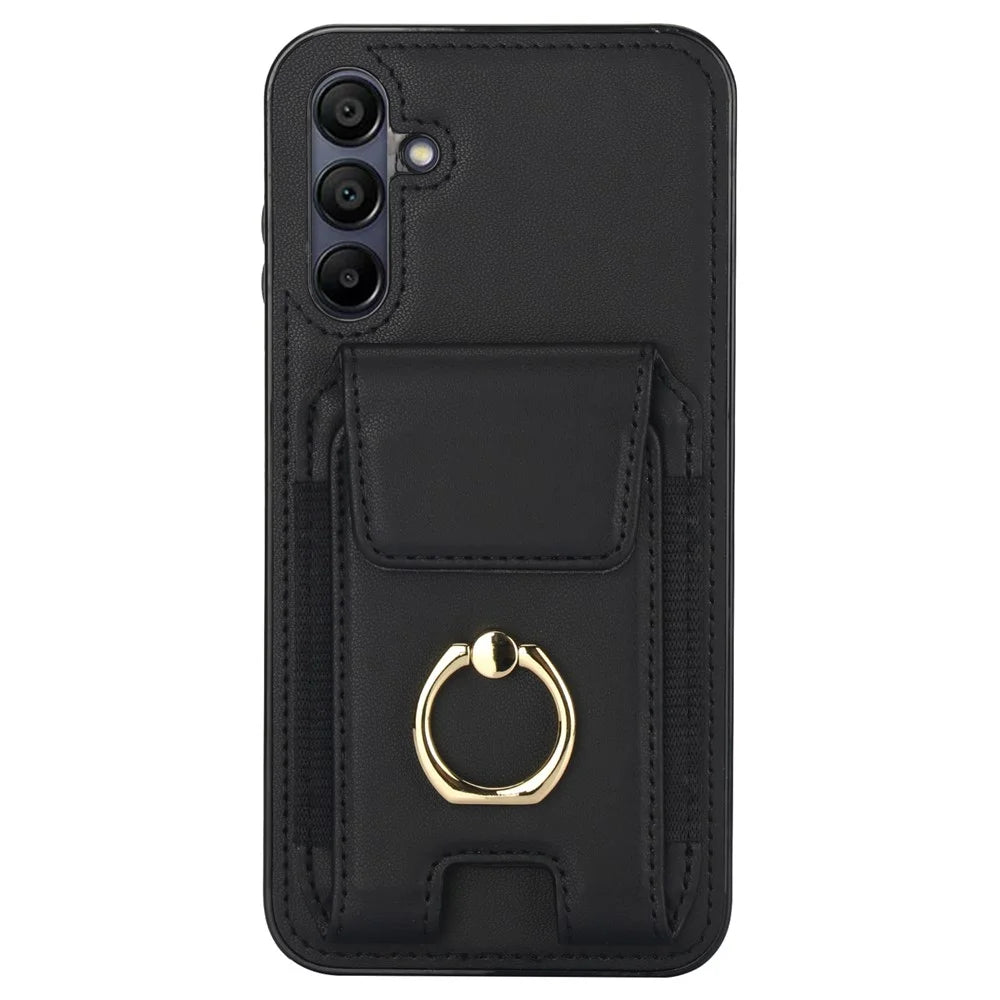 For Samsung Galaxy A15 4G / A15 5G Case Ring Kickstand Leather+TPU Cover with Card Holder - Black - 1