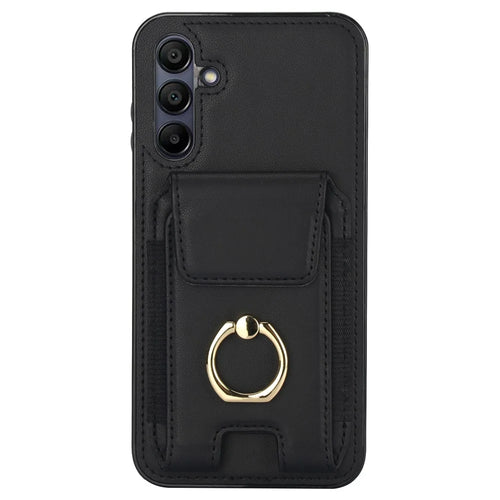 For Samsung Galaxy A15 4G / A15 5G Case Ring Kickstand Leather+TPU Cover with Card Holder - Black - 1