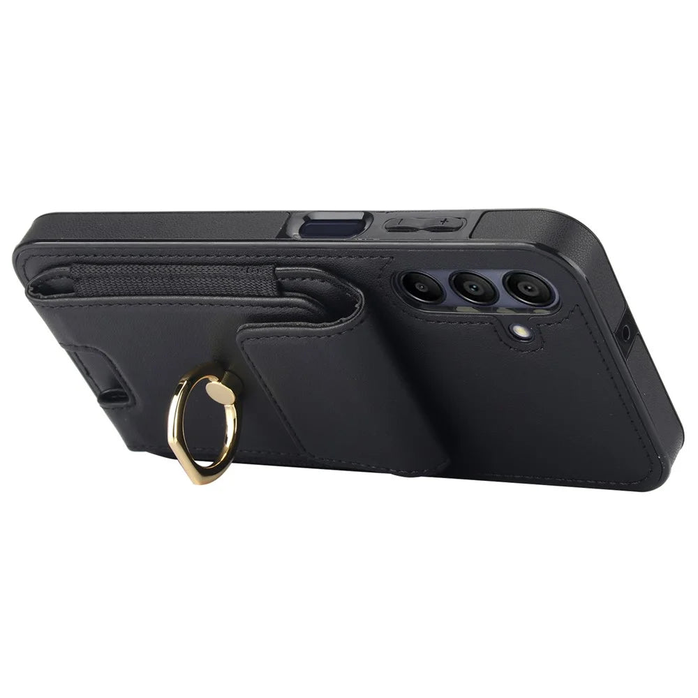 For Samsung Galaxy A15 4G / A15 5G Case Ring Kickstand Leather+TPU Cover with Card Holder - Black - 2