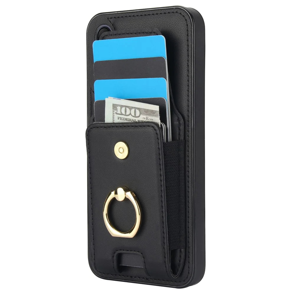 For Samsung Galaxy A15 4G / A15 5G Case Ring Kickstand Leather+TPU Cover with Card Holder - Black - 3