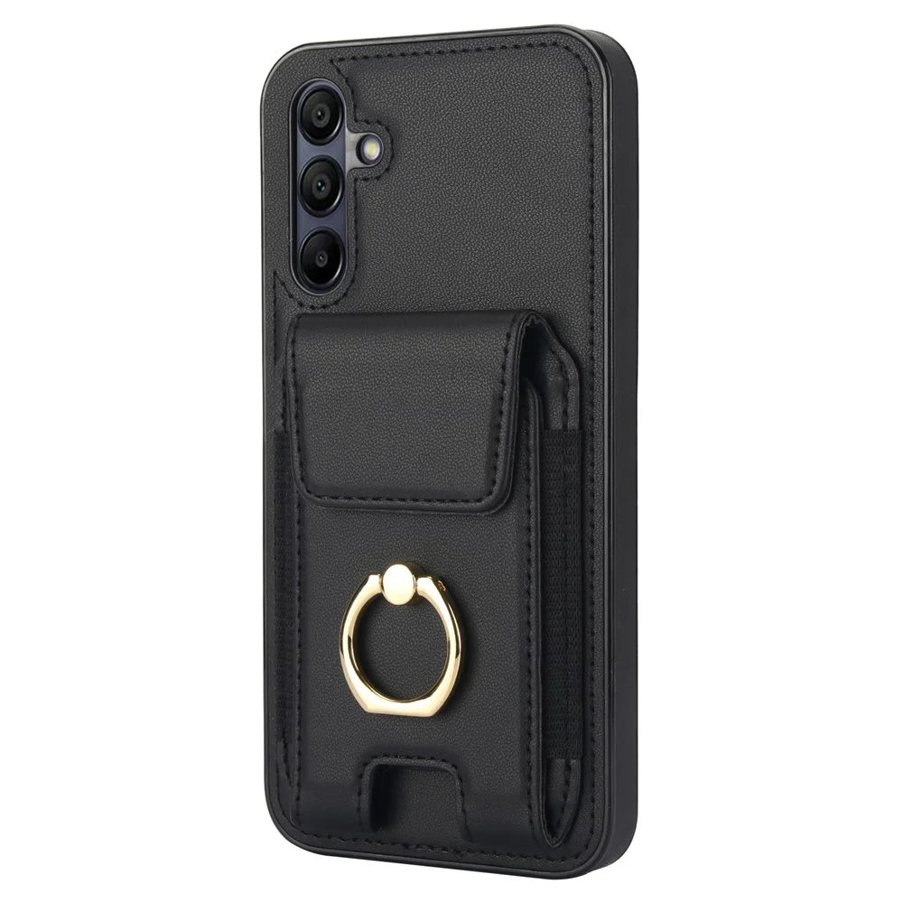 For Samsung Galaxy A15 4G / A15 5G Case Ring Kickstand Leather+TPU Cover with Card Holder - Black - 4