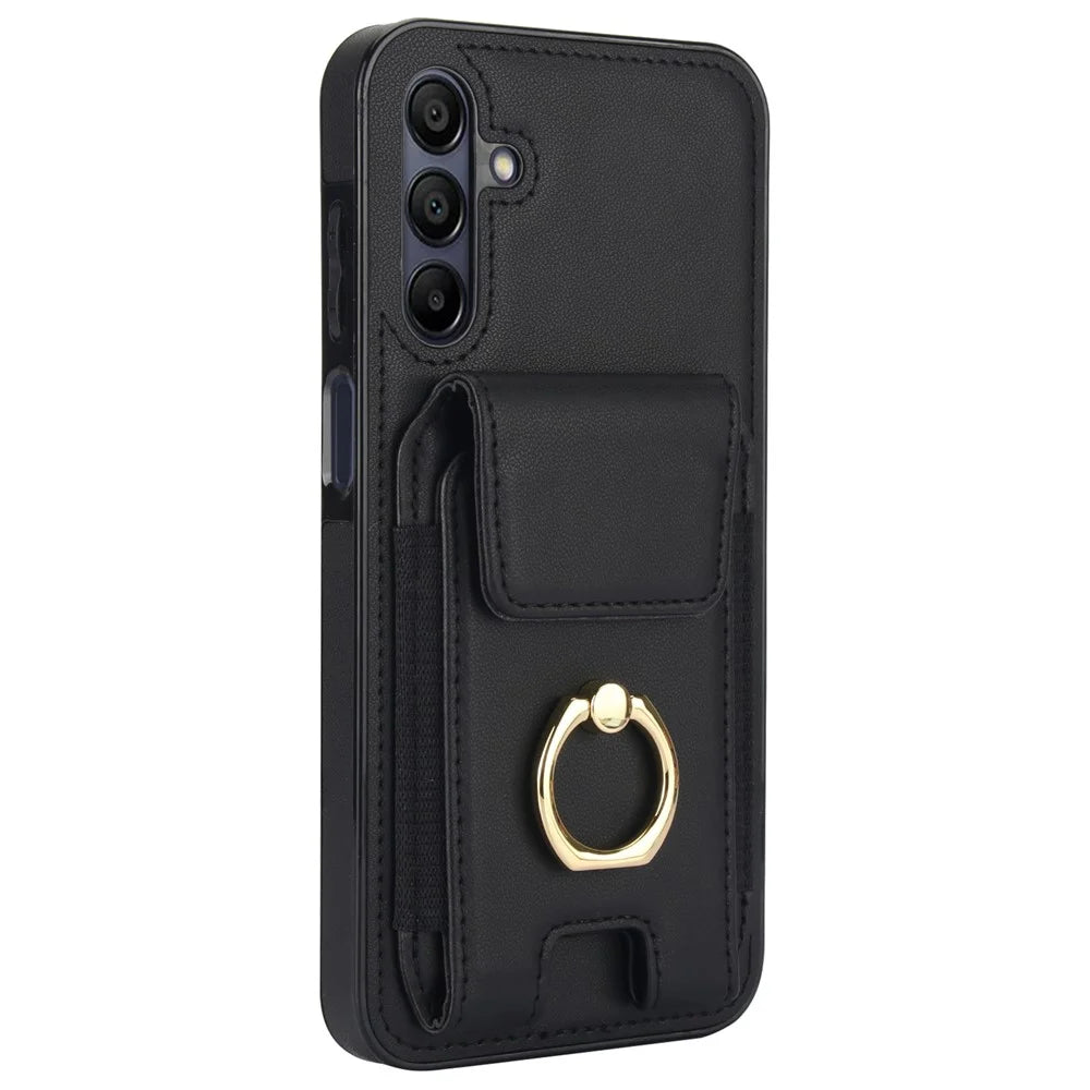 For Samsung Galaxy A15 4G / A15 5G Case Ring Kickstand Leather+TPU Cover with Card Holder - Black - 5