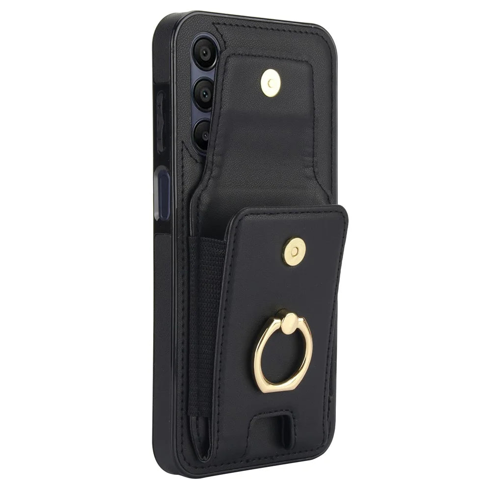 For Samsung Galaxy A15 4G / A15 5G Case Ring Kickstand Leather+TPU Cover with Card Holder - Black - 6